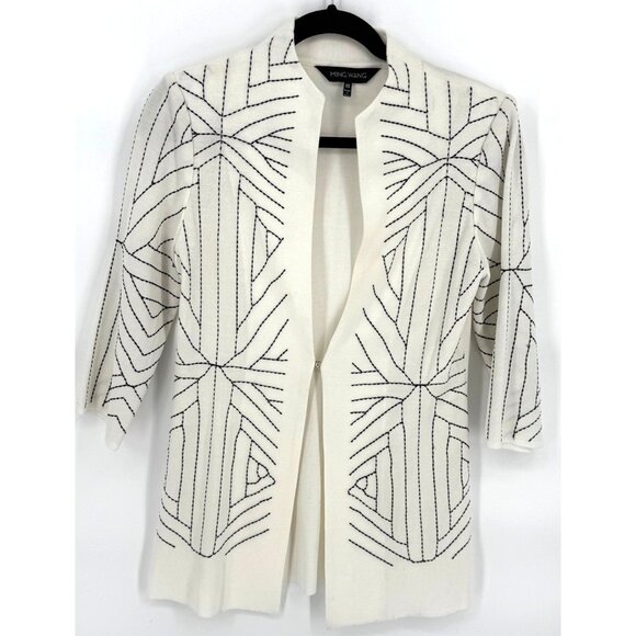 Ming Wang Womens XS Open Front Geometric Cardigan Jacket Knit White &‎ Black - Picture 1 of 5